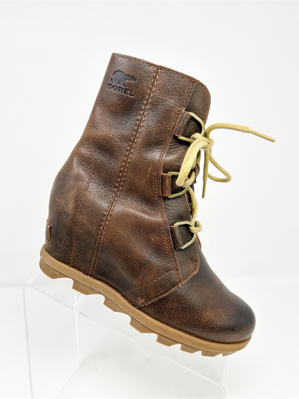 Sorel Joan of Arctic Wedge II Ankle Bootie Brown Lace Up Hidden Wedge Size 7